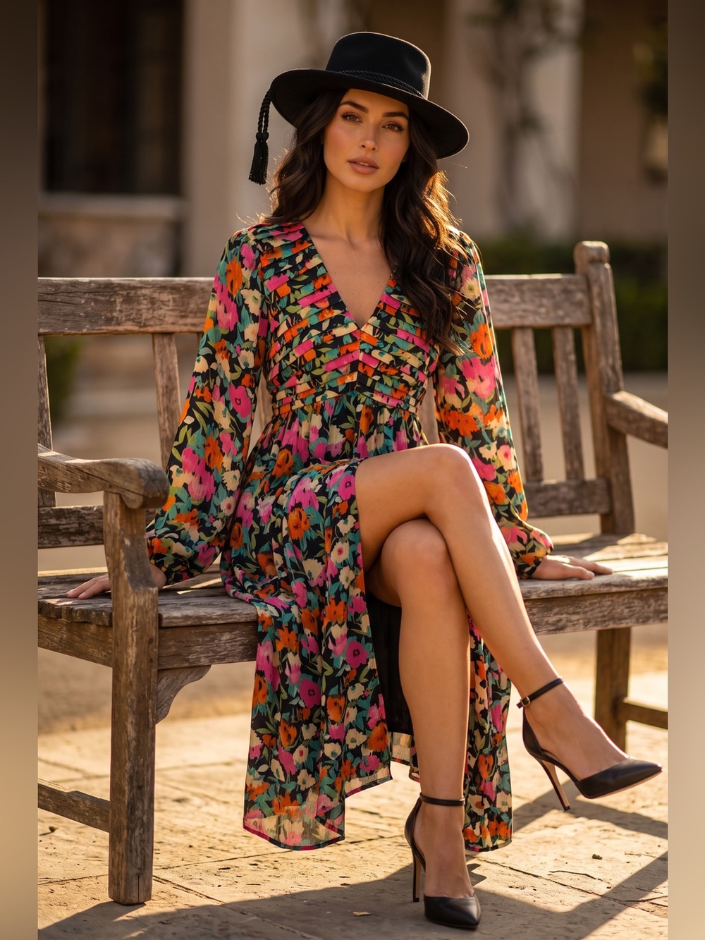NEW!! Floral V-Neck Long Sleeve Midi Dress - Pink & Green